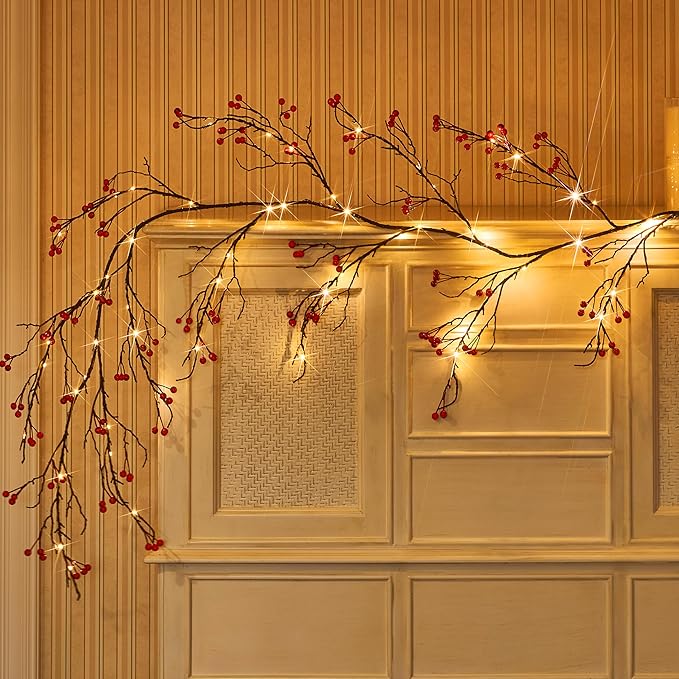 Fudios Lighted Red Berry Garland with Timer 120 LED 6FT Battery Operated USB Plug in,Lit Christmas Garlands Lights for Home Mantle Inside