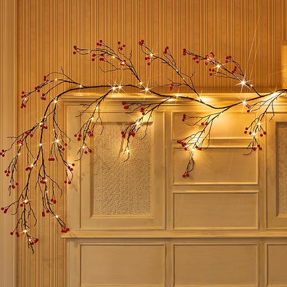 Fudios Lighted Red Berry Garland with Timer 120 LED 6FT Battery Operated USB Plug in,Lit Christmas Garlands Lights for Home Mantle Inside