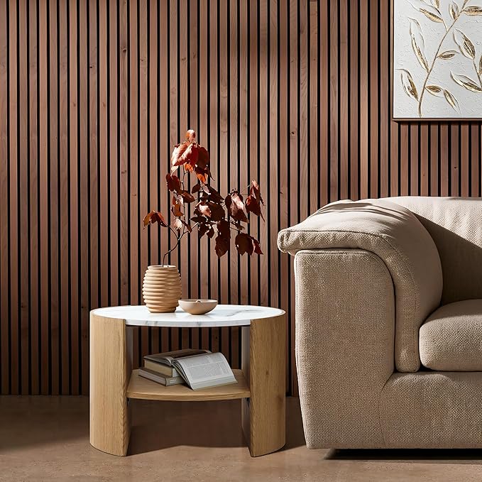 LuxenHome Modern Round Coffee Table with Faux Marble Top & Oak Finish Wood Base, 23.5” Small Center Table with Open Storage Shelf, Wooden Accent Table for Living Room, Apartment, or Office