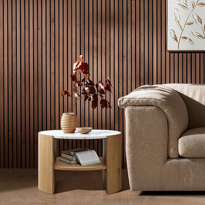 LuxenHome Modern Round Coffee Table with Faux Marble Top & Oak Finish Wood Base, 23.5” Small Center Table with Open Storage Shelf, Wooden Accent Table for Living Room, Apartment, or Office