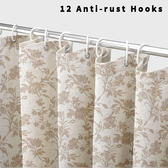 Beige Shower Curtain Floral Cotton Linen Cottagecore Shower Curtain for Bathroom 72" W x 72" L Boho Farmhouse