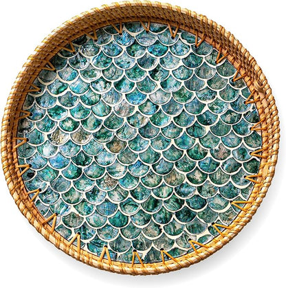 JUNGLE CULTURE Large Rattan Serving Tray 14" with Mother of Pearl Inlay • Coastal Boho Collection • Handcrafted Serving Tray with Handles • Round Woven Table Trays for Home • Wicker Basket – Cascade