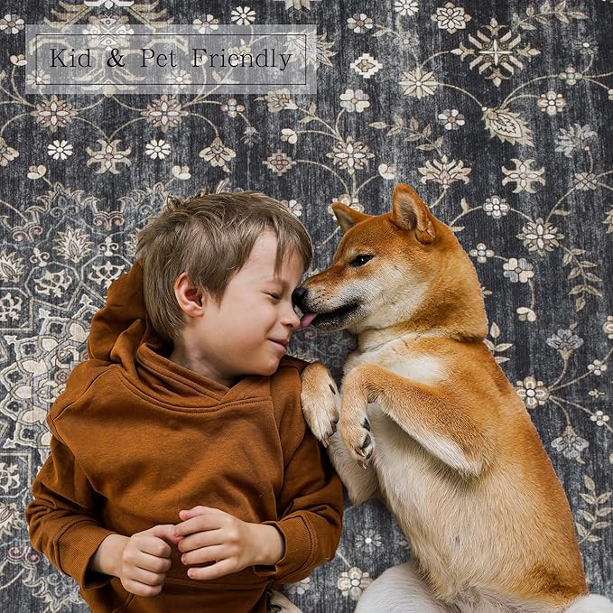 Washable Rugs 8x10 Area Rugs for Living Room,Rugs for Bedroom,Large Carpets,Ultra Soft Faux Wool Retro Dining Room Rug,Non Slip&Non-Shedding Low Pile Vintage Print Rug for Home Office-Black