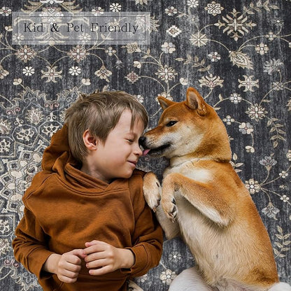 Washable Rugs 8x10 Area Rugs for Living Room,Rugs for Bedroom,Large Carpets,Ultra Soft Faux Wool Retro Dining Room Rug,Non Slip&Non-Shedding Low Pile Vintage Print Rug for Home Office-Black