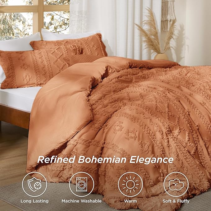 Bedsure Tufted Boho Comforter Set King Size - Pumpkin Boho Bed Set, GentleSoft™ 3 Pieces Farmhouse Shabby Chic Embroidery Bedding, Gifts for Woman, Soft Jacquard King Comforter for All Seasons