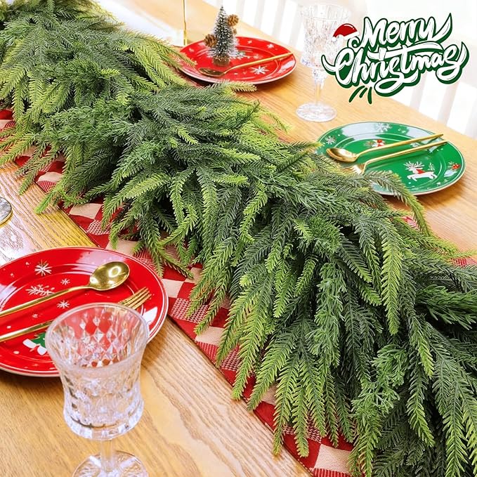 9Ft by 10 Inch Christmas Norfolk Pine Garland,Real Touch Garlands with Norfolk Pine&Cedar Branches,Realistic Soft Thick Artificial Greenery Garland for Mantle Fireplace Stair Outdoor Indoor Decortions