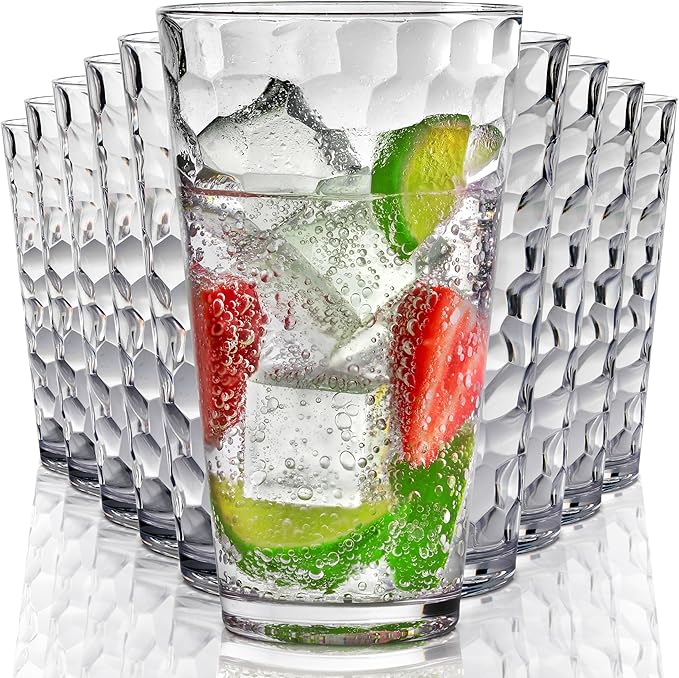 Hammered Plastic Drinking High Tumbler, Dishwasher-Safe Premium Quality Glasses, BPA-Free Reusable Outdoor Cups, 22 oz Set of 10