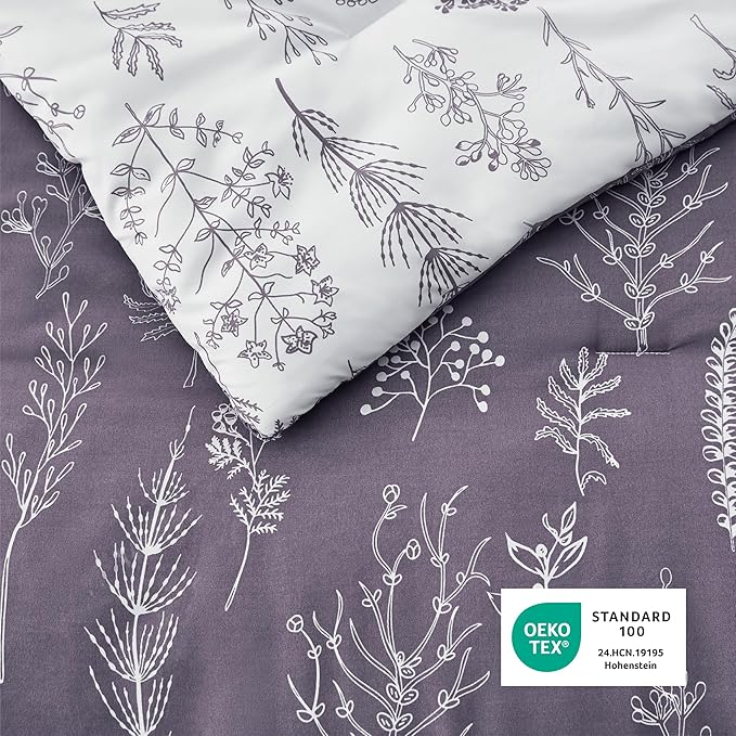 Bedsure Queen Comforter Set - Grayish Purple Bed Set, 3 Pieces Cute Floral Bedding, 1 Soft Reversible Botanical Flowers Comforter and 2 Pillow Shams