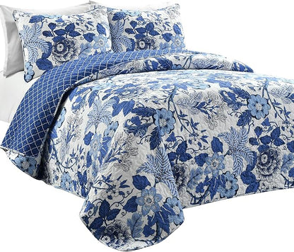 Lush Decor Sydney Reversible Cotton Quilt Set King 3 Piece Bedding, Navy White