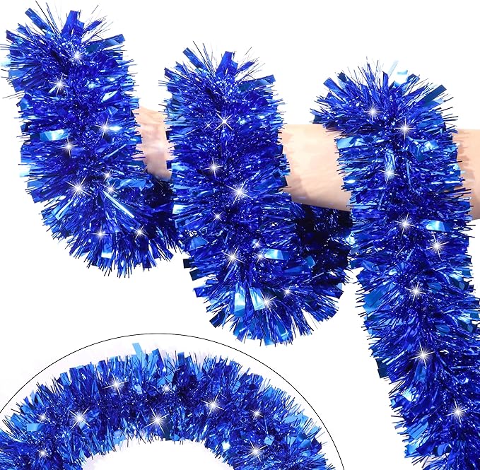 33FT Bule Tinsel Christmas Garland Metallic Twist Shiny Garland for Christmas Tree Decorations, Xmas Holiday Hanging Garland for Home Table Indoor Outdoor Party Supplies Holiday Decor