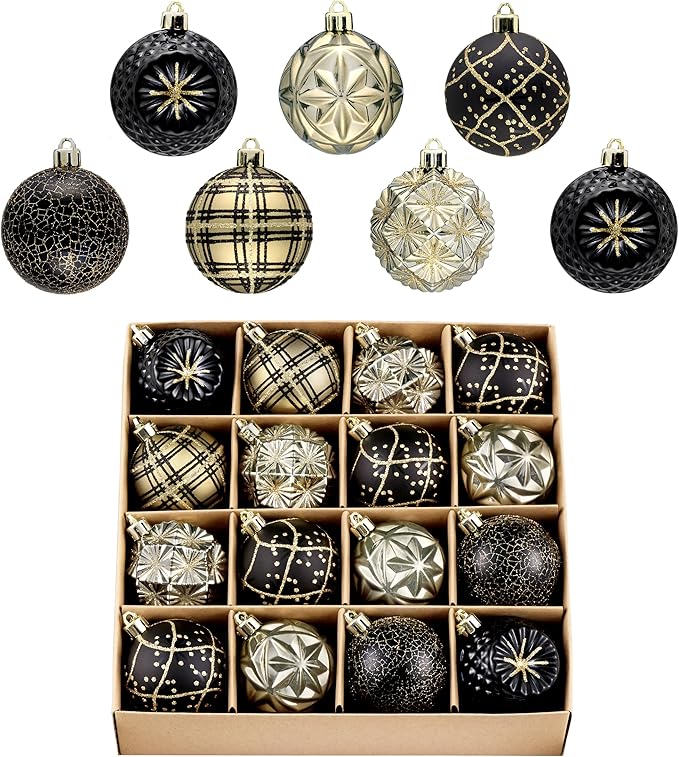Valery Madelyn Ornaments for Christmas Trees, 16ct 2.36 Inches Black and Gold Shatterproof Christmas Tree Decorations, Luxury Hanging Ball Ornaments for Xmas Holiday Party Decor