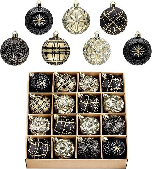 Valery Madelyn Ornaments for Christmas Trees, 16ct 2.36 Inches Black and Gold Shatterproof Christmas Tree Decorations, Luxury Hanging Ball Ornaments for Xmas Holiday Party Decor