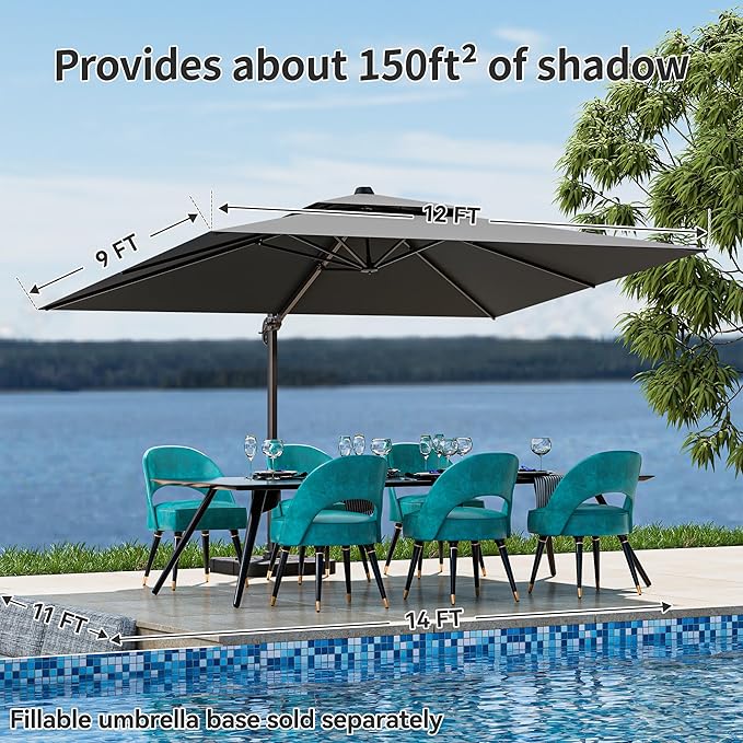 9x12FT Grey Cantilever Outdoor Patio Umbrella with Base, Large Rectangular Offset Design, Double Top Heavy Duty Aluminum Frame & 360° Rotation for Pool Garden Deck Backyard
