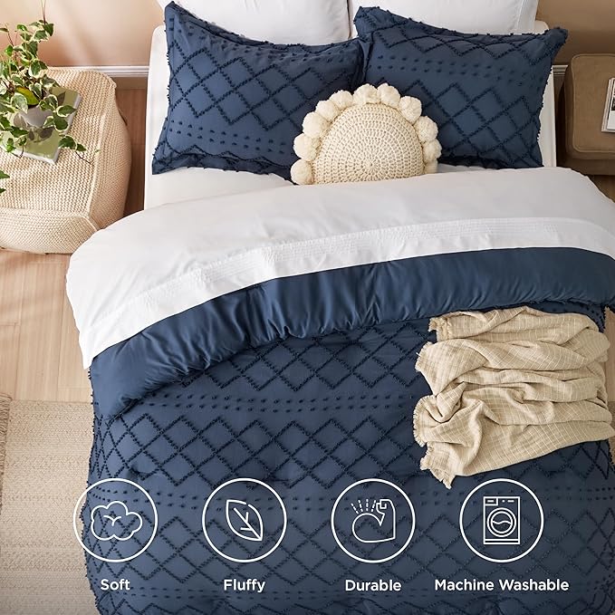 Bedsure Oversized Queen Comforter Set - Navy Blue Comforter, Boho Tufted Shabby Chic Bedding, 3 Pieces Vintage Farmhouse Bed Set for All Seasons, Fluffy Soft Bedding with 2 Pillow Shams