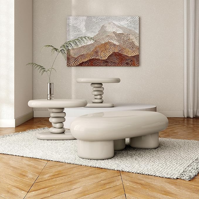 24/7 Shop at Home Kavren Modern 37-inch 3-Piece Oval Glossy Low Profile Coffee Table Set, Stone Shape Living Room Furniture for Small Space, Ivory