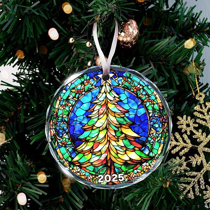 Unique 2025 Christmas Ornament - Stained Glass-Inspired Christmas Ornament for Holiday Décor, Dated Christmas Ornaments for Family and Friends, Premium Holiday Keepsake Gift