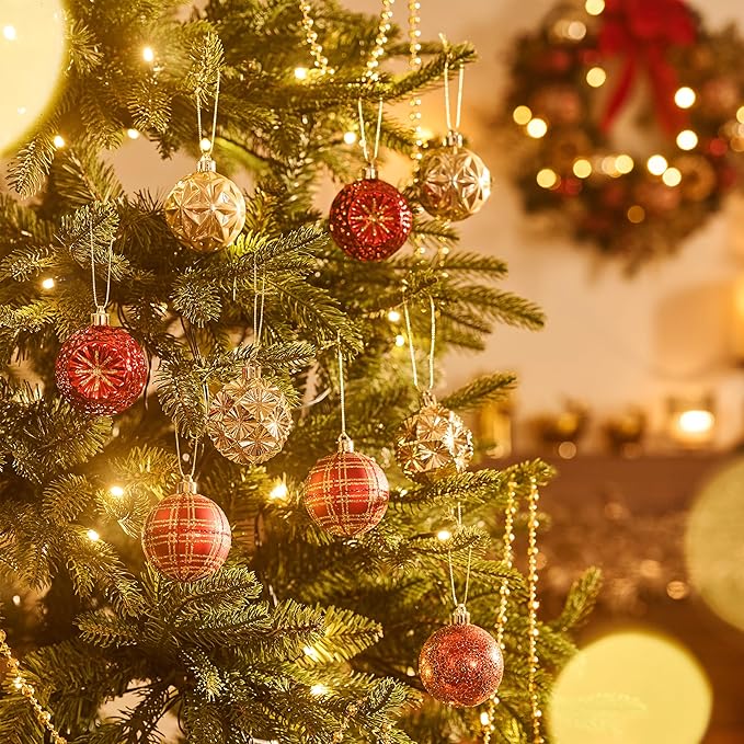 Valery Madelyn Ornaments for Christmas Trees, 9ct 2.36 Inches Red and Gold Shatterproof Christmas Tree Decorations, Luxury Hanging Ball Ornaments for Xmas Holiday Party Decor