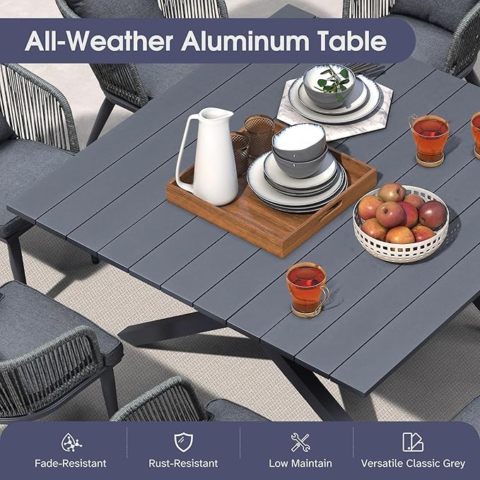 PURPLE LEAF 14 Pieces Patio Dining Table Set Wicker Outdoor Furniture Oversize Rectangular Table and Chairs Set for Garden Deck Aluminum Frame Backyard Kitchen Set, Cushions and Pillows Included Grey