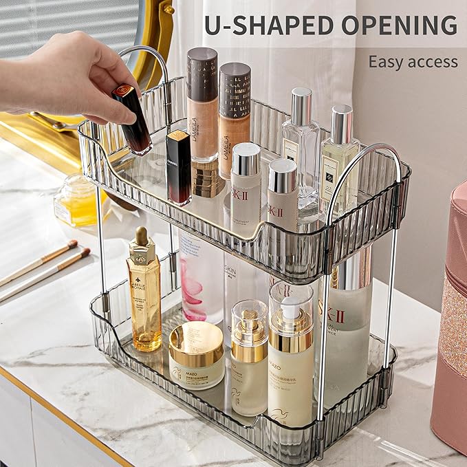 2 Tier Bathroom Organizer Countertop Makeup Perfume Skincare Organizer for Bathroom Dresser Vanity (Grey)