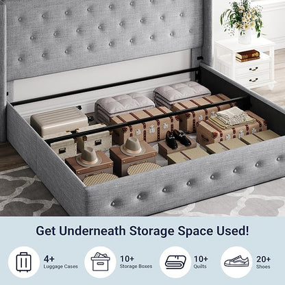 Allewie King Size Lift Up Storage Bed, Button Tufted Headboard with Wingback, Hydraulic Support, No Box Spring Needed, Light Grey