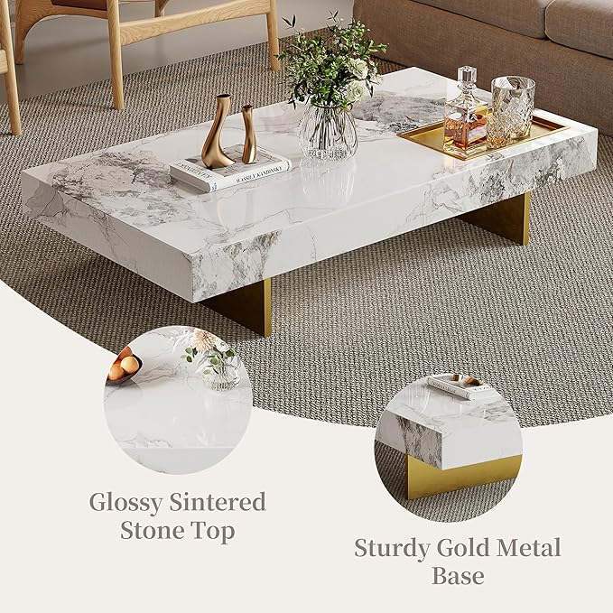 Modern Coffee Table for Living Room, 51.2" L arge Rectangle Living Room Table Sintered Stone Tabletop with Gold Stainless Steel Legs, Center Table for Home Office