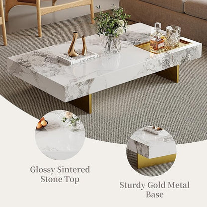 Modern Coffee Table for Living Room, 51.2" L arge Rectangle Living Room Table Sintered Stone Tabletop with Gold Stainless Steel Legs, Center Table for Home Office