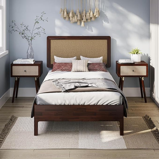 Bme Nipe 14 Inch Deluxe Bed Frame with Adjustable Headboard - Rustic & Bohemian Unique Style with Acacia Wood - No Box Spring Needed - 12 Strong Wood Slat Support - Easy Assembly - Twin, Walnut