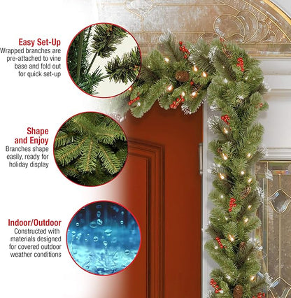 National Tree Company 9 ft Pre-Lit Crestwood Spruce Artificial Christmas Garland, Christmas Decoration with Glitter, Pinecones, Red Berries, 50 Clear Lights, 180 Tips, Green