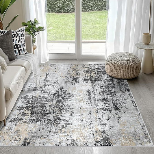 4x6 Area Rugs for Living Room Rug Washable: Abstract Rug for Dining Room Bedroom Carpet Non Slip 4 by 6 Indoor Modern Nursery Home Office Black Grey Gold