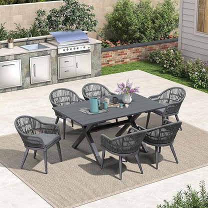 PURPLE LEAF 7 Pieces Patio Dining Set with Outdoor Aluminium Dining Table and Woven Rattan Chairs Modern Metal Furniture Cushions Sets for Garden Yard Indoor Decor Kitchen Grey