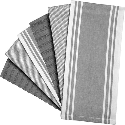 Premium Cotton Kitchen Towels 6 Pack Large Absorbent Flat & Terry Grey Stripe 20x28