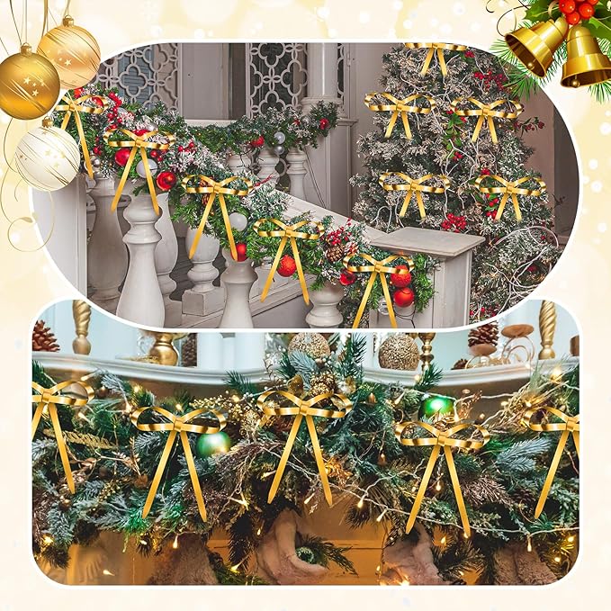 20 Pcs Christmas Metal Bow Ornaments with Clip, 5 x 6 Inch Christmas Bows Door Garland Decor Vintage Wreath Bow for Tree, Wreath, Gift Wrapping (20, Gold)