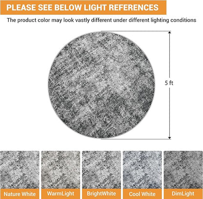 Round Rug 5ft Circle Rug Washable: Carpet Small Circular Area Rug for Entryway Kitchen Bedroom Dining Room Living Room 5 Feet Abstract College Dorm Non Slip Low Pile Black Grey