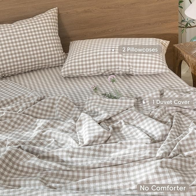 MooMee Gingham Duvet Cover Set 100% Washed Cotton Linen Like Textured Breathable Durable Soft Comfy Modern Checkered Design (Tannish Linen Grey Gingham, Super Queen 90"x98")