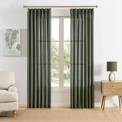 RAIN CITY 90 Inch Long Linen Curtains 2 Panels Set, Back Tab Pinch Pleated with Hooks, Light Filtering Modern Neutral Decor Window Curtain Drapes for Bedroom,- Loden/Olive Forest W42 x L90