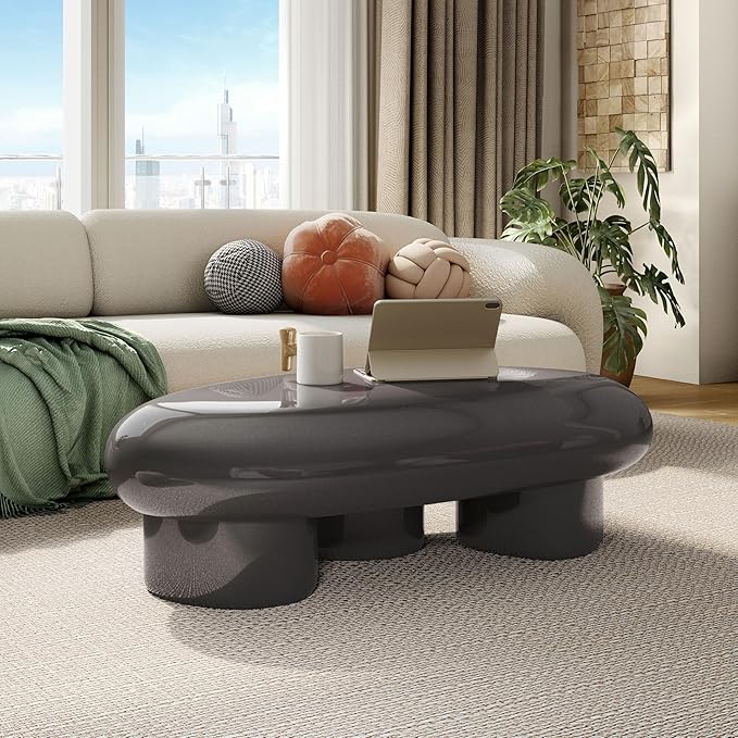 24/7 Shop at Home Kavren Modern 37-inch Oval Glossy Low Profile Coffee Table, Stone Shape Living Room Furniture for Small Space, Dark Grey