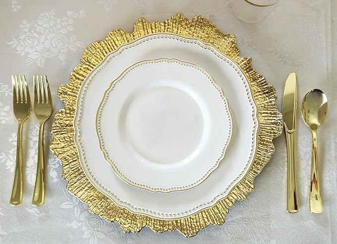 " OCCASIONS " 240 Plates Pack,(120 Guests) Heavyweight Premium Disposable Plastic Plates Set -120 x 10.25'' Dinner + 120 x 7.5'' Salad/Dessert (Rochelle White and Gold)