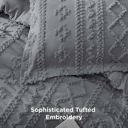 Bedsure Tufted Boho Comforter Set California King Size - Grey Boho Bed Set, GentleSoft™ 3 Pieces Farmhouse Shabby Chic Embroidery Bedding, Gifts for Woman, Soft Jacquard Comforter for All Seasons