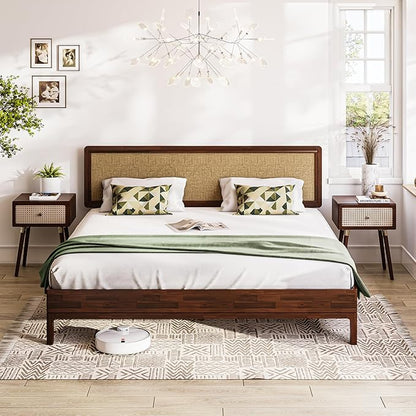 Bme Nipe King 14 Inch Bohemian Bed Frame with Adjustable Wicker Headboard - Rustic & Vintage Unique Style with Acacia Wood - No Box Spring Needed - Easy Assembly - Walnut