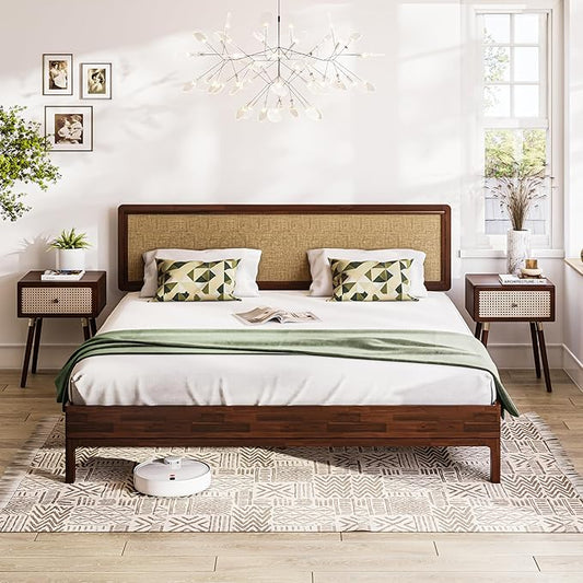 Bme Nipe King 14 Inch Bohemian Bed Frame with Adjustable Wicker Headboard - Rustic & Vintage Unique Style with Acacia Wood - No Box Spring Needed - Easy Assembly - Walnut