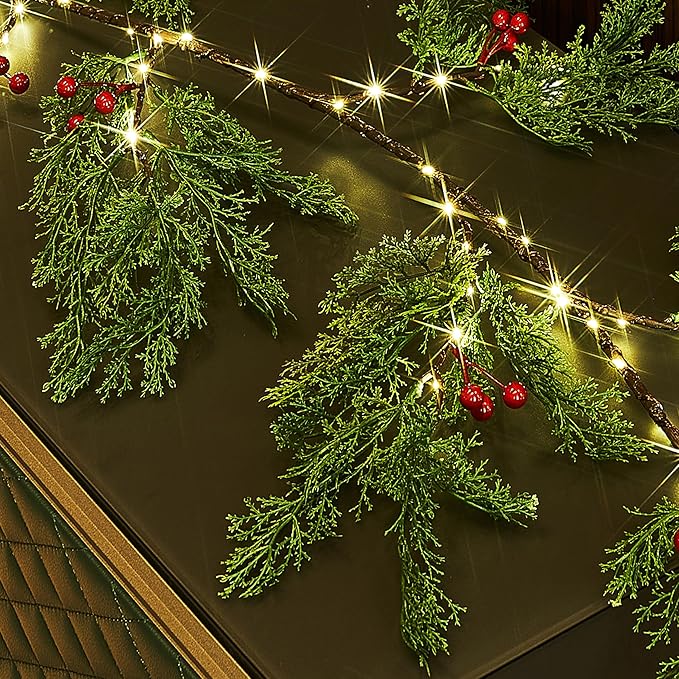 Fudios Lighted Pine Garland with Timer Red Berry Decor 80 LED 6FT Battery Operated USB Plug in,Lit Christmas Garland Cypress Leaves Lights for Home Mantle Inside