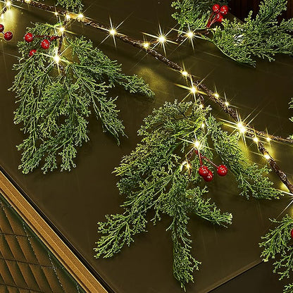 Fudios Lighted Pine Garland with Timer Red Berry Decor 80 LED 6FT Battery Operated USB Plug in,Lit Christmas Garland Cypress Leaves Lights for Home Mantle Inside