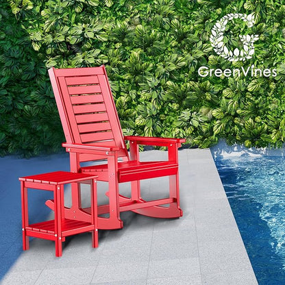 GREENVINES Outdoor Rocking Chair Set | 3-Piece | 2 Rocking Chairs with 1 Side Table | Porch Rocker | HDPE Plastic | Red | Patio Furniture Sets | High Back | Big & Tall | Ladder Back