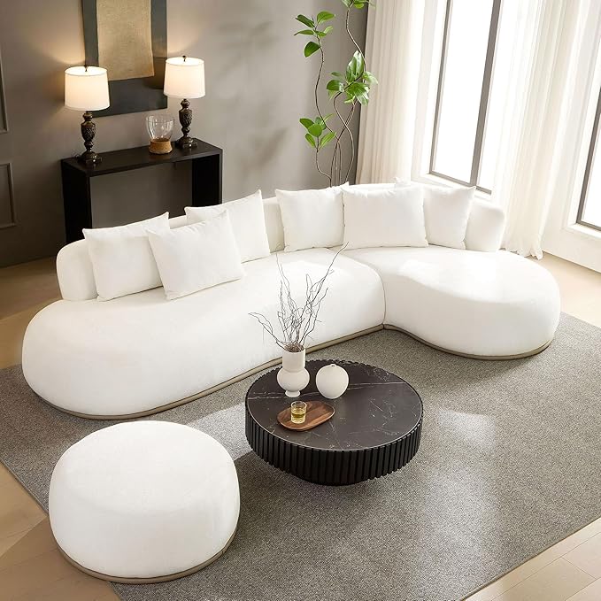WILLIAMSPACE 134.63" Oversize Curved Sofa Cloud Couch with Round Chaise & Ottoman, Modern Upholstered Curved Sectional Sofa Couch with 6 Pillows for Living Room, No Assembly (Right-Facing,Cream White)