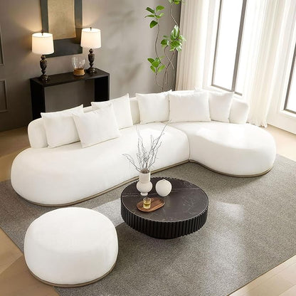 WILLIAMSPACE 134.63" Oversize Curved Sofa Cloud Couch with Round Chaise & Ottoman, Modern Upholstered Curved Sectional Sofa Couch with 6 Pillows for Living Room, No Assembly (Right-Facing,Cream White)