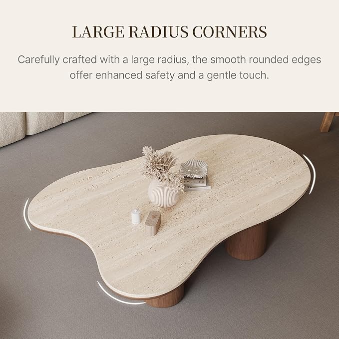 48.42" Cloud Coffee Table for Living Room, Mid-Century Modern Coffee Table with Wood Legs, Unique Travertine Stone Top Living Room Table Large Tea Table for Home Office