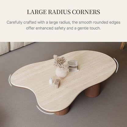 48.42" Cloud Coffee Table for Living Room, Mid-Century Modern Coffee Table with Wood Legs, Unique Travertine Stone Top Living Room Table Large Tea Table for Home Office