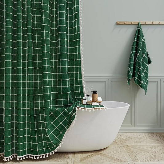 BTTN Extra Long Shower Curtain - 72x96 Inch Long Boho Linen Fabric Heavy Duty Shower Curtain Set with Hooks, Tall Bohemian Farmhouse Shabby Chic Tassel Shower Curtains for Bathroom - Emerald Green