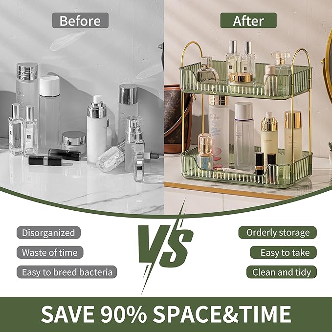 2 Tier Bathroom Organizer Countertop Makeup Perfume Skincare Organizer for Bathroom Dresser Vanity (Green)