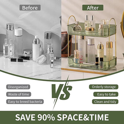 2 Tier Bathroom Organizer Countertop Makeup Perfume Skincare Organizer for Bathroom Dresser Vanity (Green)